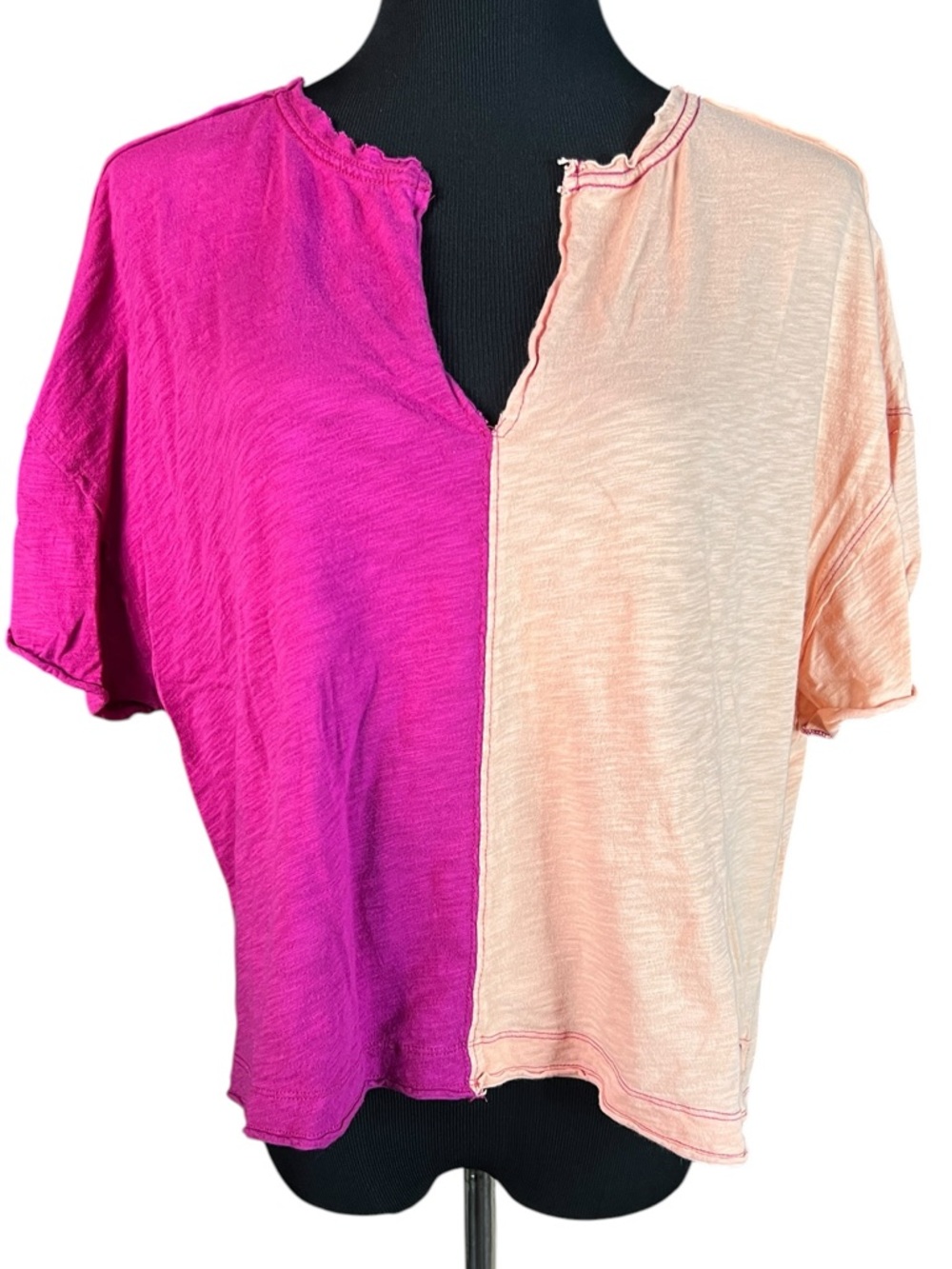 Pilcro Anthropologie Colorblock Tee Pink Peach Raw Hem Exposed Seam Casual Top L
